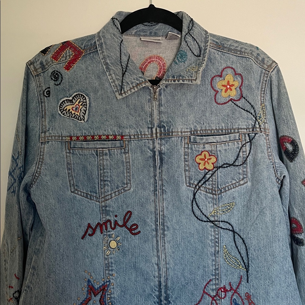 Vintage Chico's Embroidered happy peace smile demin Jacket - Picture 4 of 12
